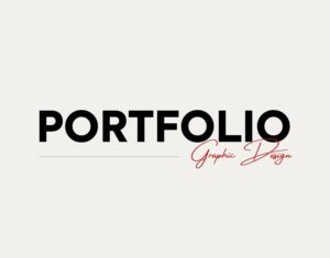 Minimal portfolio graphic design text layout with bold black typography and red handwritten-style lettering on a light background.